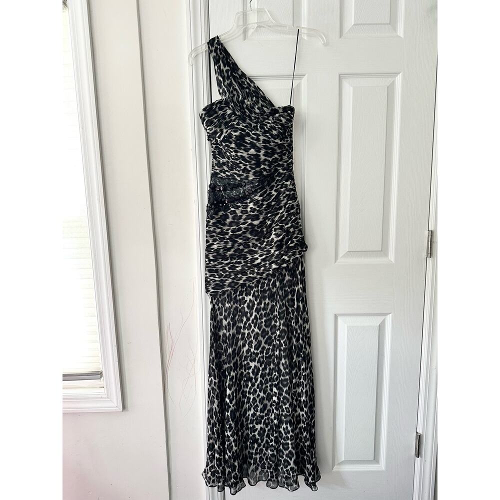 Pinko One Shoulder Grey Leopard Print Open Slit Semi Sheer Long Gown Jewel Waist